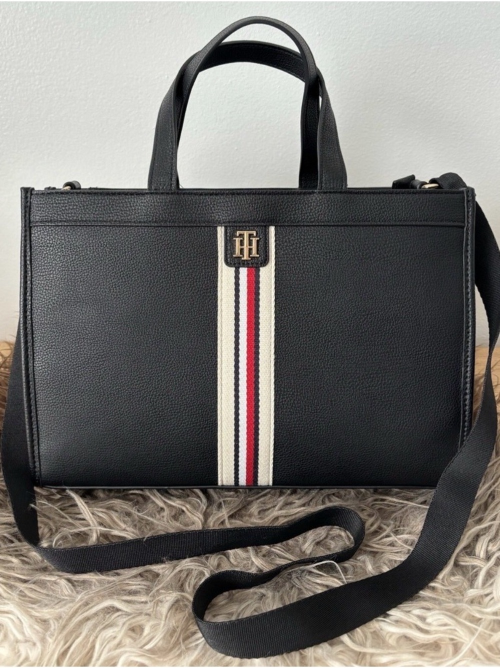 Tommy Hilfiger Black Leather Tote with Stripe